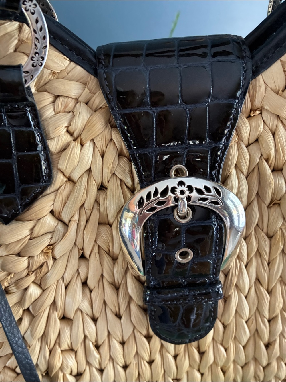 Brighton Straw Woven Tote with Black/Dark Navy Braided Handles - Picture 9 of 10
